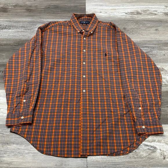 Vintage 90s Ralph Lauren Orange Blue Tartan Plaid Mens L‎ Button Down Big Shirt - Picture 2 of 8